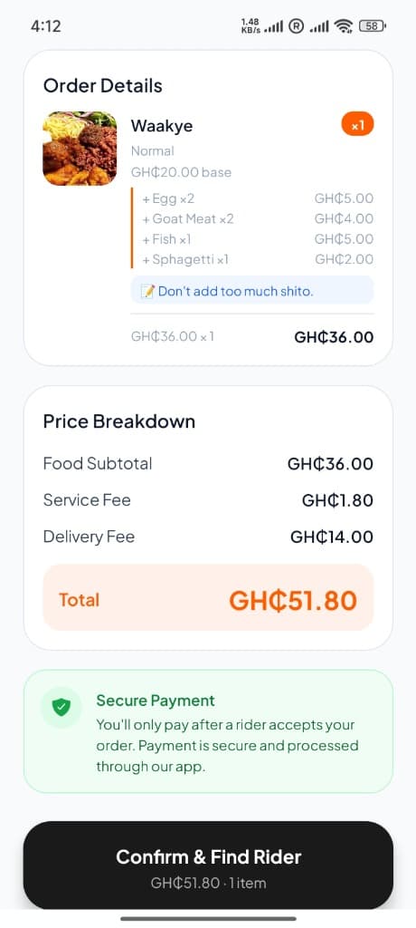 Eat111 Order details screen