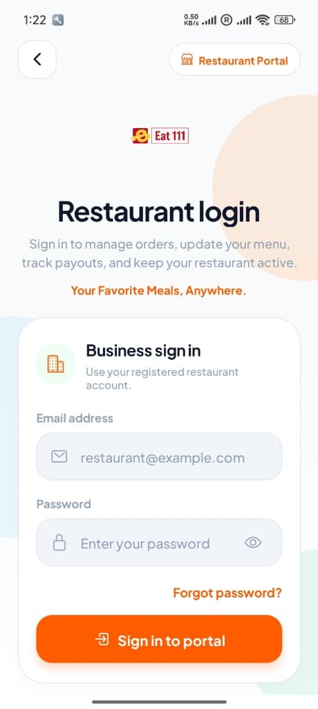 For Restaurants Eat111 app screen