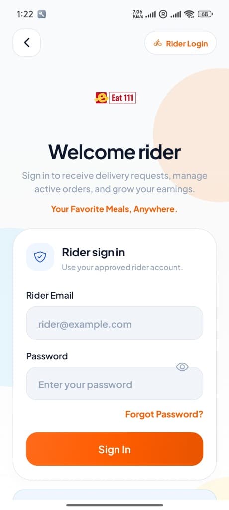 For Riders Eat111 app screen