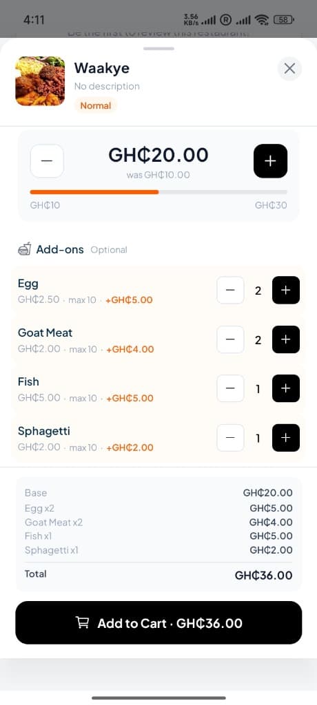 Eat111 Cart screen